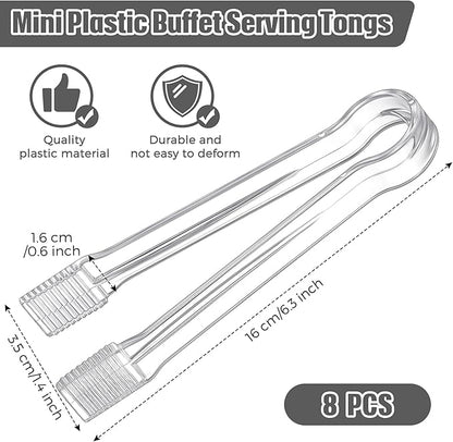 8-Piece Plastic Tongs - Clear Mini Serving Utensils, 6.3 Inch Small Tongs for Food, Ice, Salad, Buffet, Weddings, Barbecue Party
