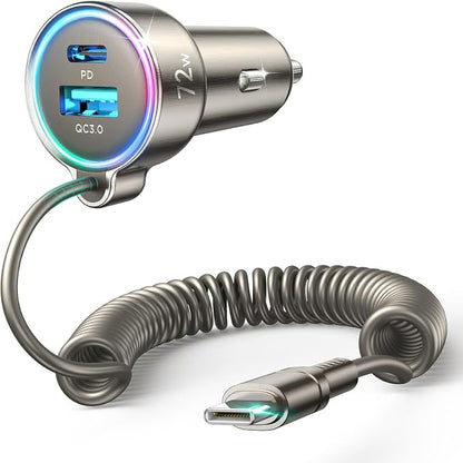 72W Car Charger USB C for iPhone 16/15, 36W Super Fast Charging Type C Coiled Cable for iPhone 16/15 Pro Max Plus/Samsung S24 Ultra/S24+/S23/S22, Car Phone Charger Adapter for Pixel/Android, iPad Pro