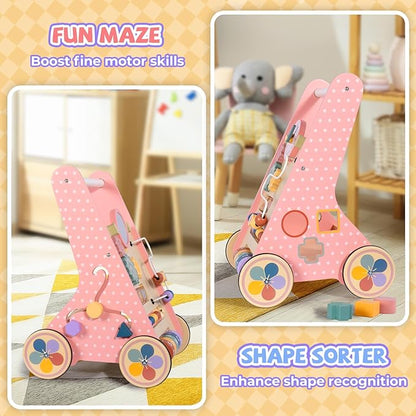 Wooden Baby Walker, Push Walker for Baby Girl 6-12 Months, Montessori Walker Push Toy for Toddlers Learning to Walk