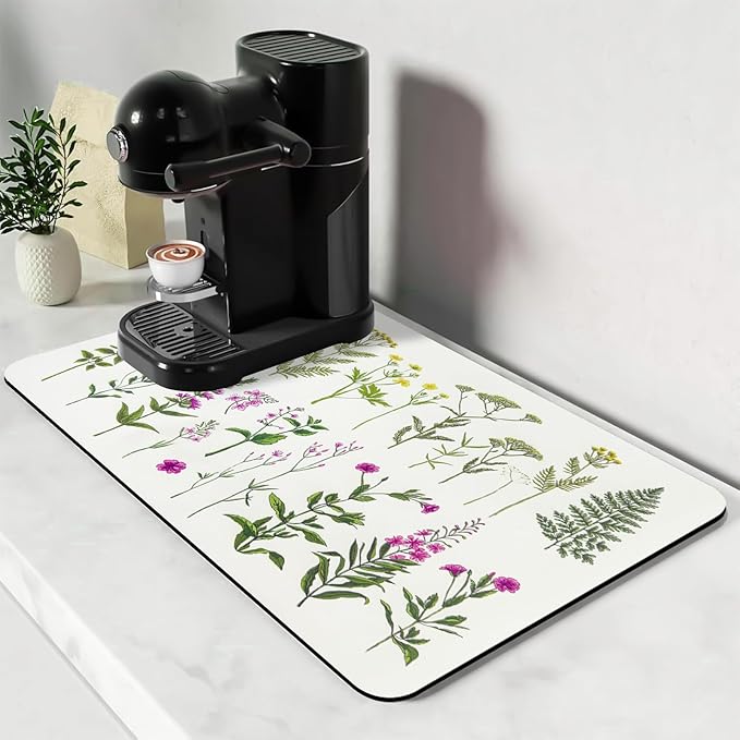 Bloss Dish Drying Mat, Spring Flower Printed Coffee Bar Mat, Kitchen Counter Mat