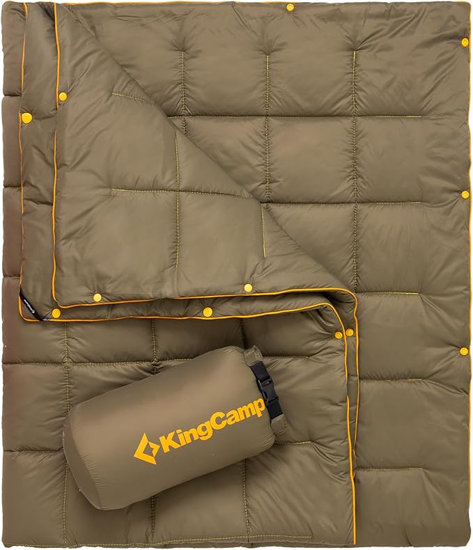 KingCamp Ultralight Camping Blanket, Packable Down Alternative Puffy Wearable Blankets Weatherproof Warm Package Quilt with Snap Buttons for Outdoor Hiking Travel Picnic Stadium (69" L x 53", Olive)