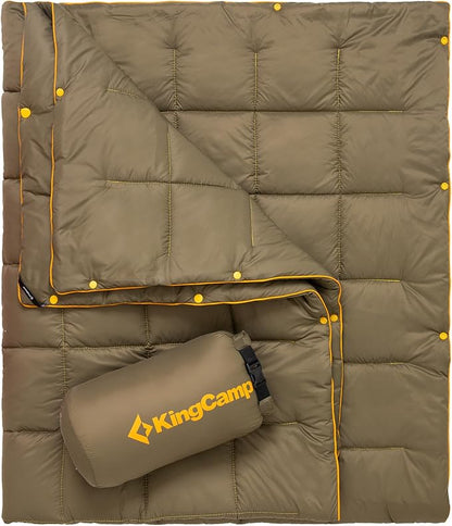 KingCamp Ultralight Camping Blanket, Packable Down Alternative Puffy Wearable Blankets Weatherproof Warm Package Quilt with Snap Buttons for Outdoor Hiking Travel Picnic Stadium (69" L x 53", Olive)