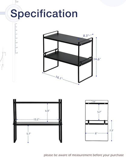 Nxconsu 2Pack Cabinet Shelves Stackable Shelf Organizer Rack Riser for Kitchen Cabinet Pantry Cupboard Counter Countertop Home Organization Storage Space Saver Heavy Duty Metal Nonslip Black