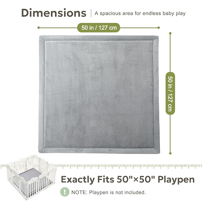 Mallify Ultra Soft 1.3" Thick Baby Play Mat for Floor, Large Velvet 50x50 Playpen Mat, Baby-Safe & Non-Slip Tummy Time Mat, Crawling Mat for Babies, Toddlers, Infants, Kids, Easy Care, 50"x50", Gray