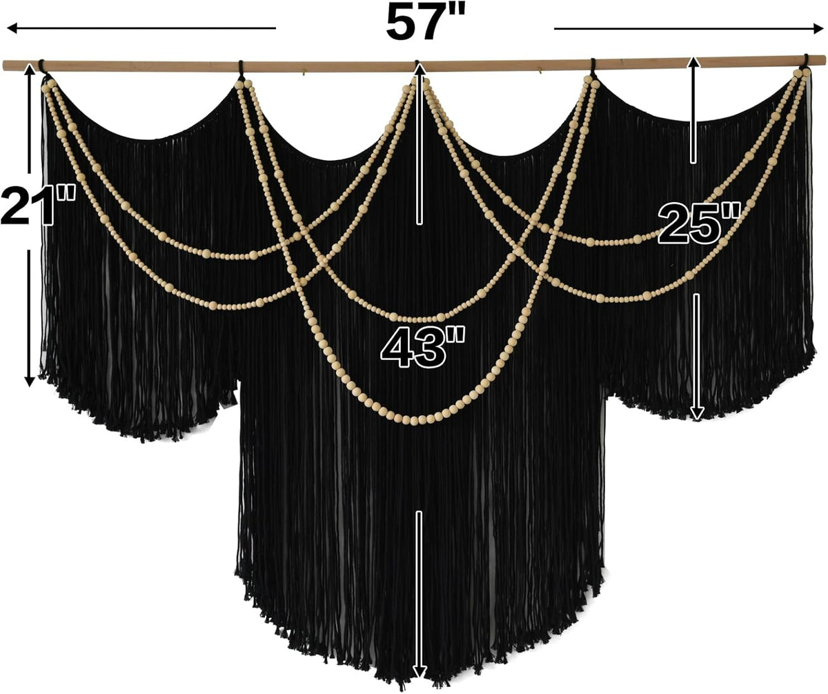 Macrame Wall Hanging Black Yarn Tapestry Boho Fiber Art Decor 57"W*43"L | Black Wall Hanging, Woven Fiber Art, Handmade Cotton Decor, Modern Boho Style, Statement Wall Accent, Handmade Craft