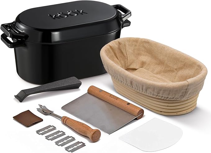 KooK Dutch Oven with Lid, Enameled Cast Iron Bread Baker, Dual Handles