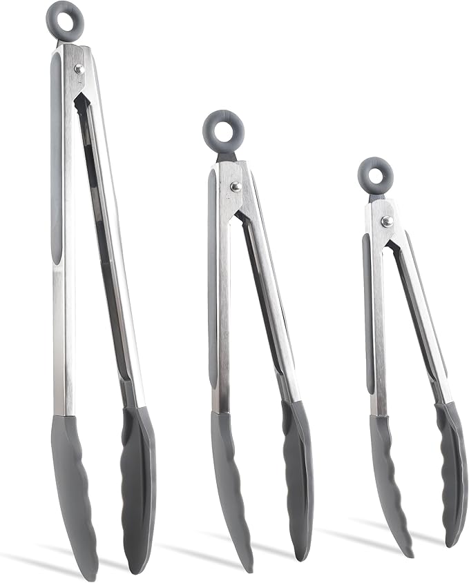 COOK WITH COLOR Stainless Steel Silicone Tipped Kitchen & BBQ Tongs Set, 3 Pc. Tongs, Black
