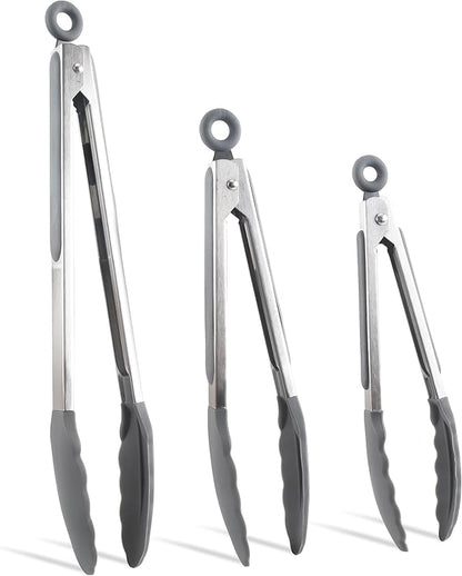 COOK WITH COLOR Stainless Steel Silicone Tipped Kitchen & BBQ Tongs Set, 3 Pc. Tongs, Black