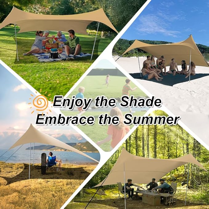 10×10ft UPF50+ Beach Tent Sun Shelter, Windproof Stable Outdoor Pop Up Beach Shade Canopy for Camping, Fishing, Backyard Fun or Picnics, 2 Poles