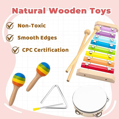 Montessori Toys for 1 Year Old, 6 Types Musical Instruments for Toddlers 1-3, Educational Baby Drum Set with Xylophone & Maracas, First Birthday Gifts for Boys Girls, Christmas Learning Toys