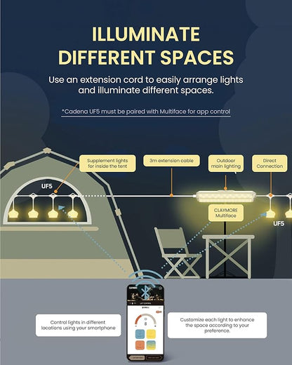 Claymore Cadena UF5 String Lights (Light Gray) - LED Outdoor String Lights for Halloween Decorations, Camping, Glamping, Backyard Parties, Events & Garden Decor. 4 Color Temperatures.