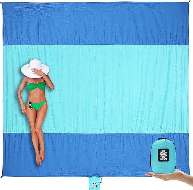 WEKAPO Beach Blanket Sandproof Waterproof, Extra Large Beach Mat, Oversized & Compact Sand Free Mat Quick Drying, Lightweight & Durable with Stakes & Corner Pockets