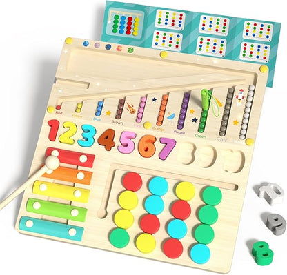 Montessori Learning Toys Busy Board Sensory Toys for Autistic Children, 4-in-1 Wooden Toy with Magnetic Color Number Maze, Xylophone, Sliding Puzzle & Number Match for Kids Ages 3+