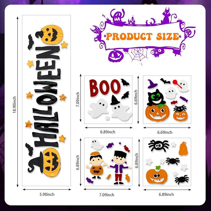 5 Pcs Halloween Window Clings Gel Reusable Static Window Decorations for Office, Classroom, Fridge, Holiday Window Stickers, Vibrant Fall Decor