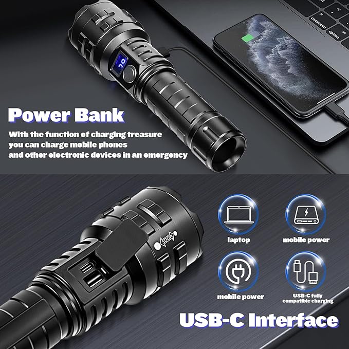 Flashlights High Lumens Rechargeable, 1000000 Lumens Hight Lumens Super Bright Handheld LED Flash Light,Powerful Emergency Linternas, Waterproof, Long Lasting, for Hiking Camping Gift