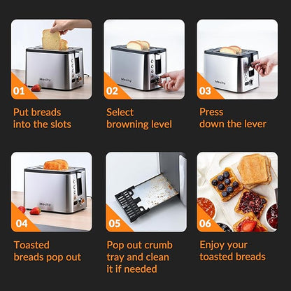 Mecity Toaster 2 Slice Stainless Steel Body, Cancel Functions, Warming Rack