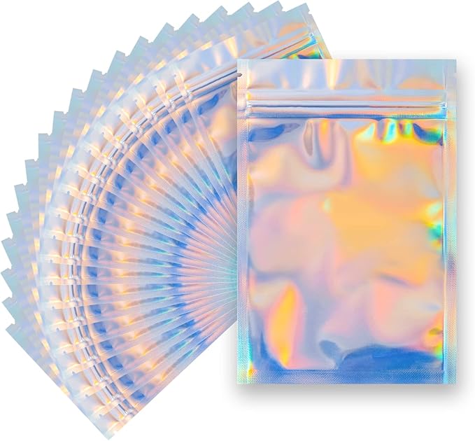 100 Pieces Mylar Smell Proof Bags - 3x4 Inch Resealable Bags, Flat Clear Food Storage Plastic Packaging for Party Favor Food Storage (Holographic Color, 3x4 Inch)