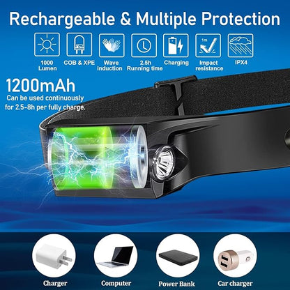 12pack Headlamp Rechargeable, 1000 Lumen Headlamps for Adults, 230 Angles Wide Beam Headlamp & Spotlight, Motion Sensor, 6 Modes, Lightweight Head Lamps for Camping Running Cycling (12)