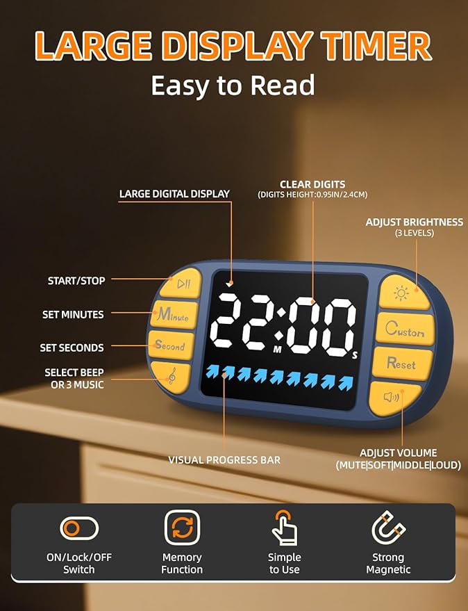 DOOMAY Digital Kitchen Visual Timer: 3.6'' Large LED Display, 3 Brightness