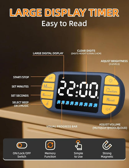DOOMAY Digital Kitchen Visual Timer: 3.6'' Large LED Display, 3 Brightness