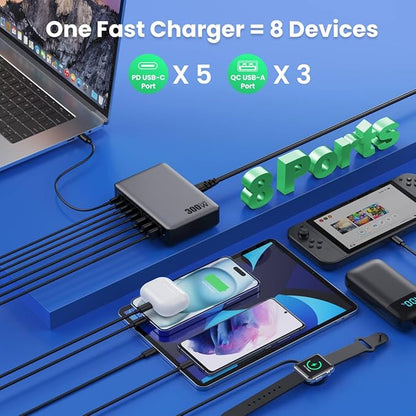 USB C Charger 300W USB C Charger Block, 8-Ports GaN IV Fast Charging Station Hub