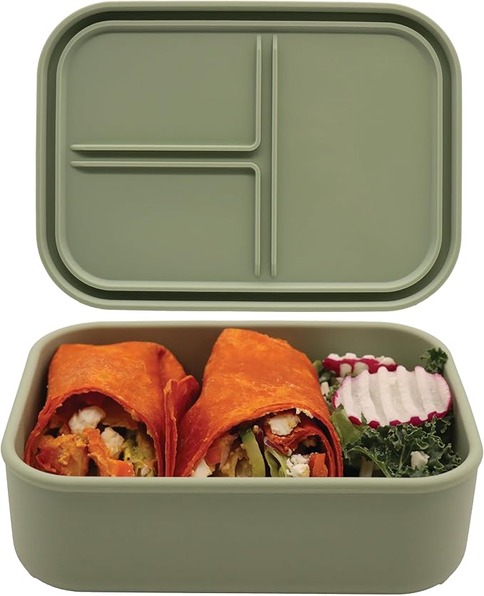 Silicone Bento Box, 3 Removable Compartments, BPA-Free, Leak-Resistant, Dishwasher and Microwave Safe, Perfect for Work, Travel & Meal Prep, (Green)