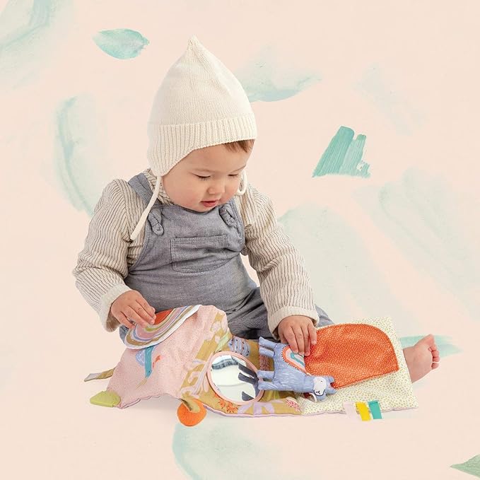 Manhattan Toy Llama Themed Soft Baby Activity Book with Squeaker, Crinkle Paper and Baby-safe Mirror Small