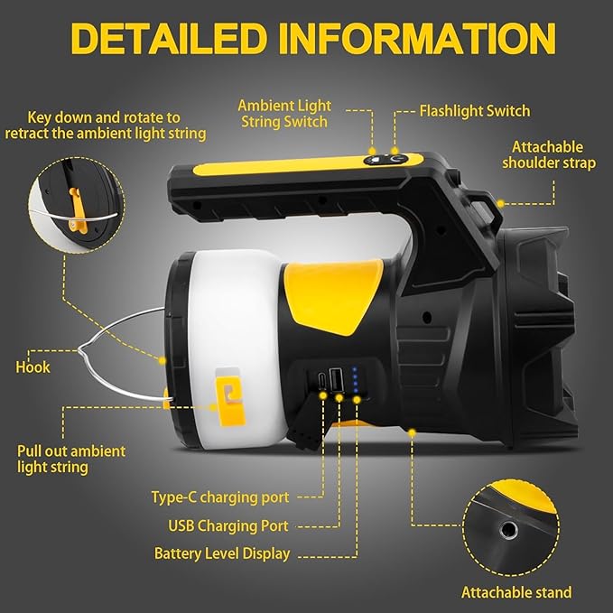 Camping Lantern Rechargeable, LED Flashlight Spotlight Lantern, Waterproof Lantern Flashlight for Hurricane Emergency, Hiking, Outdoor Patio and Garden Party Decoration