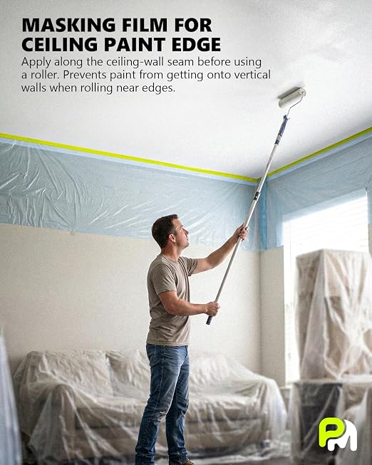 Pre-Taped Masking Film for Painting(1 Roll) - 44" x 66'Painters Plastic Sheeting with Tape and Drape, Painters Drop Cloth for Automotive & Home, Cover for Walls/Floors/Windows/Cars Protection