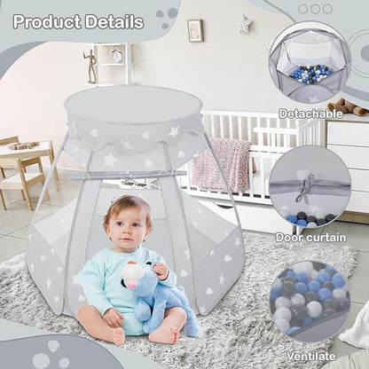 Baby Ball Pit for Toddler with 50 Balls, Kids Pop Up Play Tent for Girls, Princess Toys Gifts for Children Indoor & Outdoor Playhouse (Gray: Gray/White/Babyblue, 109x90cm/50 Balls)