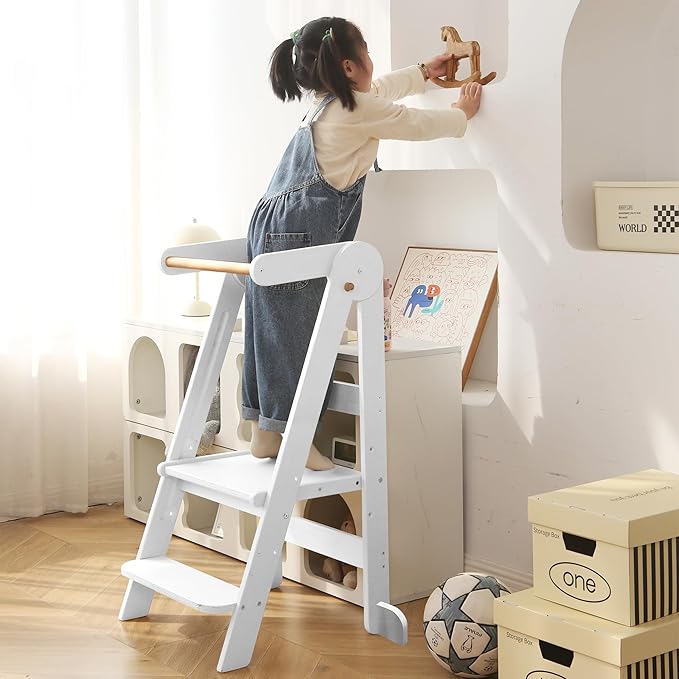 Foldable Toddler Tower 95% Preassembled Kitchen Stool Helper Folding Step Stool for Kids Montessori Toddler Standing Tower with 3 Adjustable Height Helper Tower for Kitchen Counter Sink White