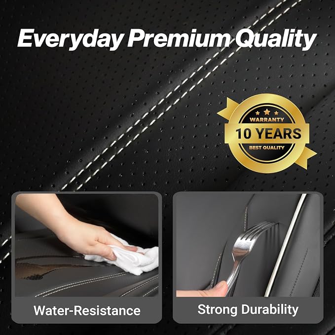 Coverland Custom SUV Car Seat Covers Front Seats for [2014-2026 Nissan Rogue] - Protector Water Resistant Leather Memory Form Back Support Seat Cushion [Front - Black with White Stitching]