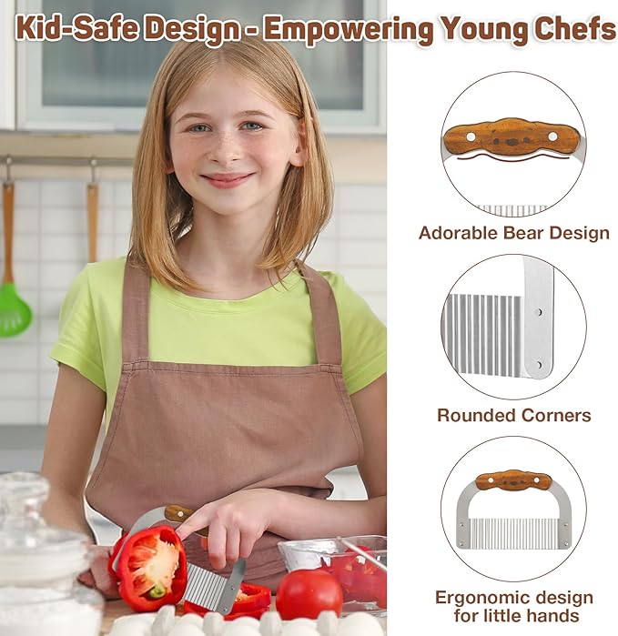 Crinkle Cutter Knife for Kids Slicer Veggies & Fruits with Safe Rounded Tip, Bear-Shape Wavy Cutter with Rosewood Handle & Japanese 420J2 Stainless Steel Blade