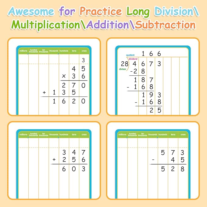 12 Pack Long Division Dry Erase Card Chart,12" x 9" Multiplication Flash Card Math Manipulative Small Whiteboard for Student Teacher 2ND 3RD 4TH Grade Classroom Homeschool Supplies Essential