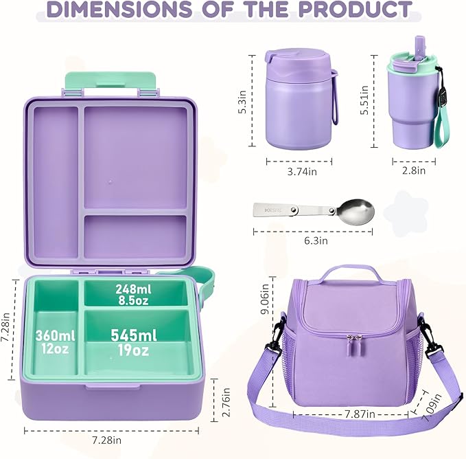 Lunch Box Set with Bento Box Container, 17OZ Stainless Steel Food Soup Thermo, Kids Water Bottle & Portable Insulated Lunch Bag – Leakproof, Hot/Cold Retention for School, Travel (Purple)