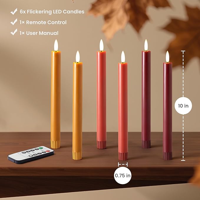 Fall Flameless Taper Candles with Remote and Timer, 10" 6pk LED Candlesticks, Battery Operated Thanksgiving Candles with 3D Flickering Flame, Bordeaux, Terra Cotta & Caramel (Autumn Harvest)
