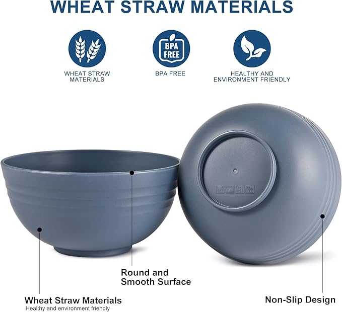 HOTEC BPA Free Unbreakable Wheat Straw Cereal Bowls - Microwave & Dishwasher Safe Soup and Salad Bowls, Set of 8, 26oz, Classic Blue