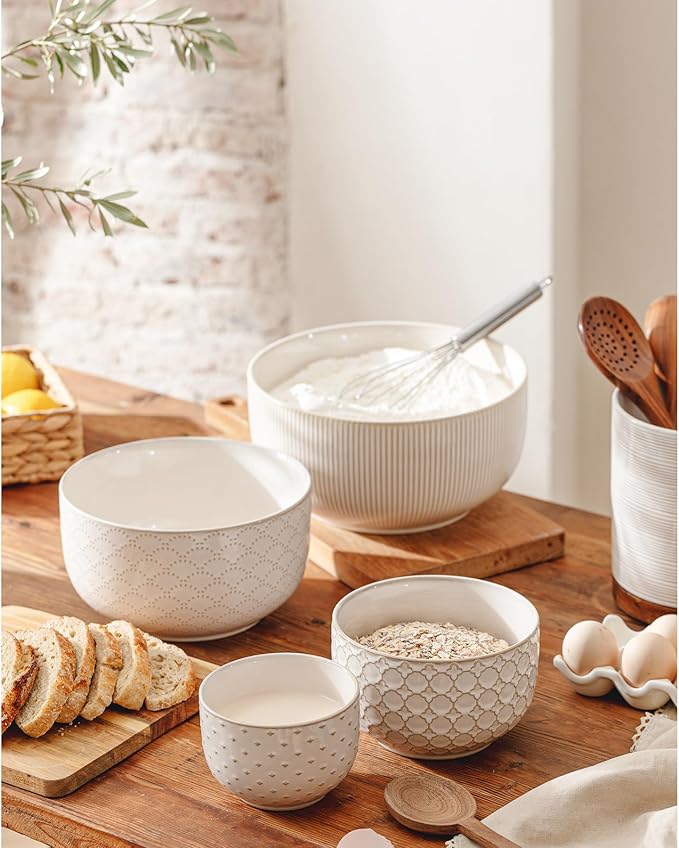 Mikiegy Ceramic Mixing Bowls Set of 4, Nesting Ceramic Embossment Stoneware