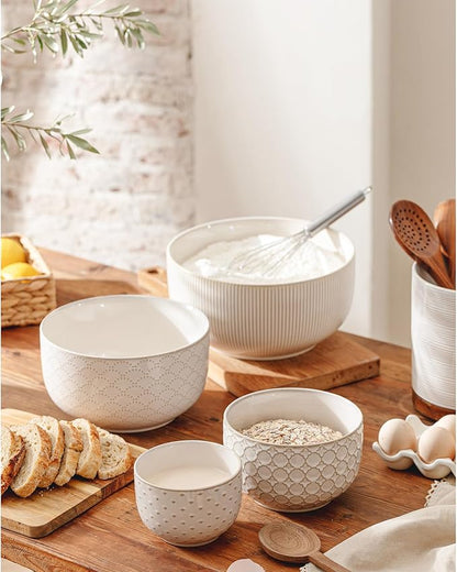 Mikiegy Ceramic Mixing Bowls Set of 4, Nesting Ceramic Embossment Stoneware