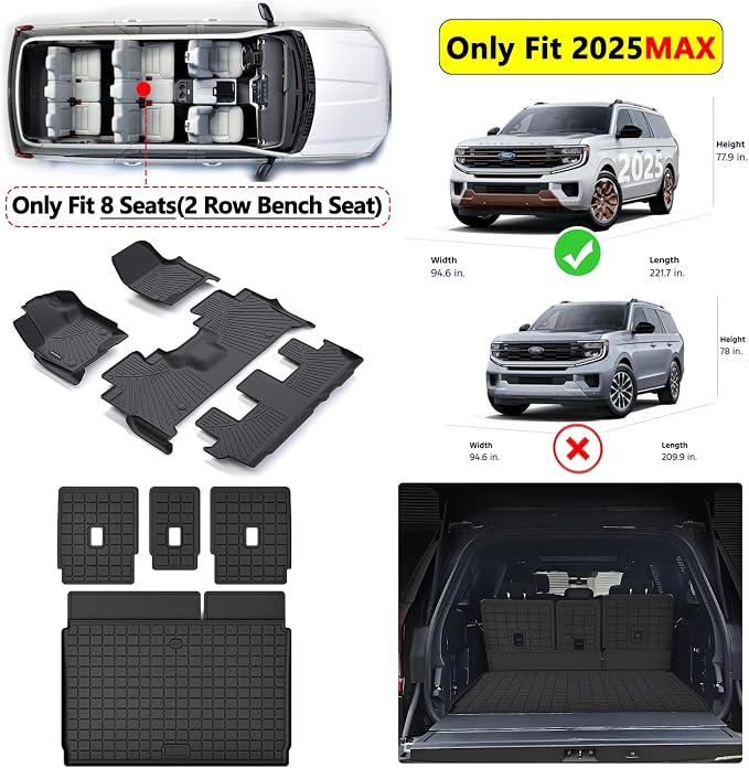 All-New 2025 Floor Mats for Ford Expedition MAX(Only Fit Max 8 Seats / 2nd Row Bench Seat) with Cargo Liners,TPE All Weather Protection Floor Liners with Trunk Mat Covering The Backrest
