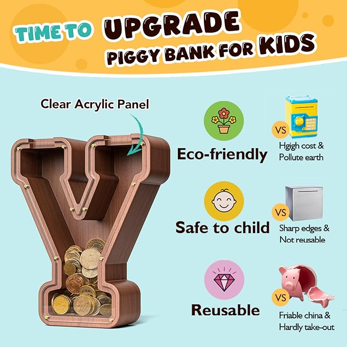 Summidate Wooden Letter Piggy Bank, Extra Thick Large Capacity Piggy Bank for Kids Boys Girls Toddler, Alphabet Y Money Bank| Coin Box Birthday, Christmas, Festival