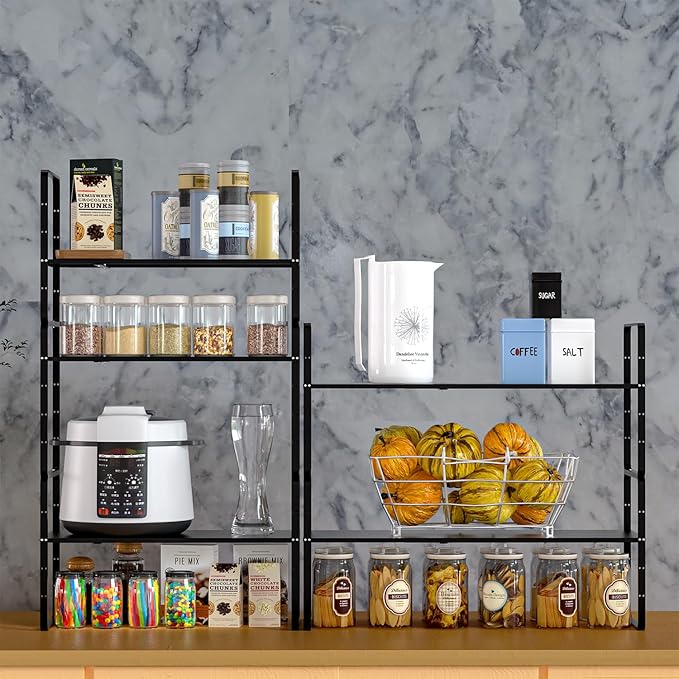 Expandable Kitchen Cabinet Shelf Organizers 2 Pack, Stackable Metal Pantry Storage Shelves Rack, Adjustable Counter Shelf for Cabinets, Countertop, Cupboard Organizers and Storage, Black