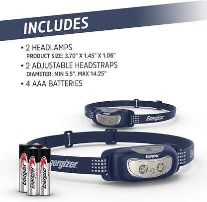 Energizer Universal Plus LED Headlamp, Lightweight Bright Headlamp for Outdoors, Camping and Emergency Light for Adults and Kids, Includes Batteries, Pack of 2