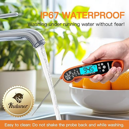 KULUNER TP-01 Waterproof Digital Instant Read Meat Thermometer with 4.6 Folding Probe Backlight Calibration Function for Cooking Food Candy, BBQ Grill, Liquids,Beef(Orange)