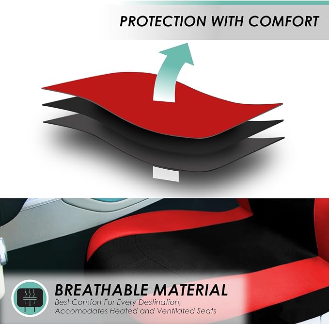 FH Group Car Seat Covers Combo Full Set with Carpet Floor mats Steering Wheel Cover and Seat Belt Pads- Universal Fit for Cars Trucks and SUVs Red