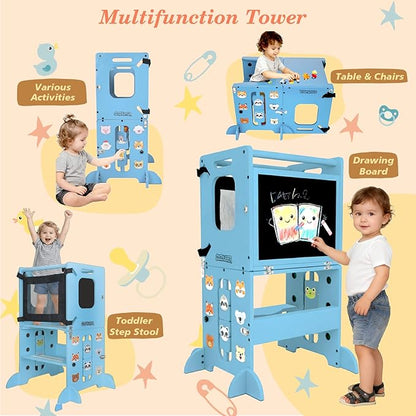 Toddler Kitchen Stool Helper, CPC Certified Foldable Toddler Tower, Learning Wooden Tower with Support Feet and Chalkboard, Anti-Drop Structure, Safe Design for Kids, Blue