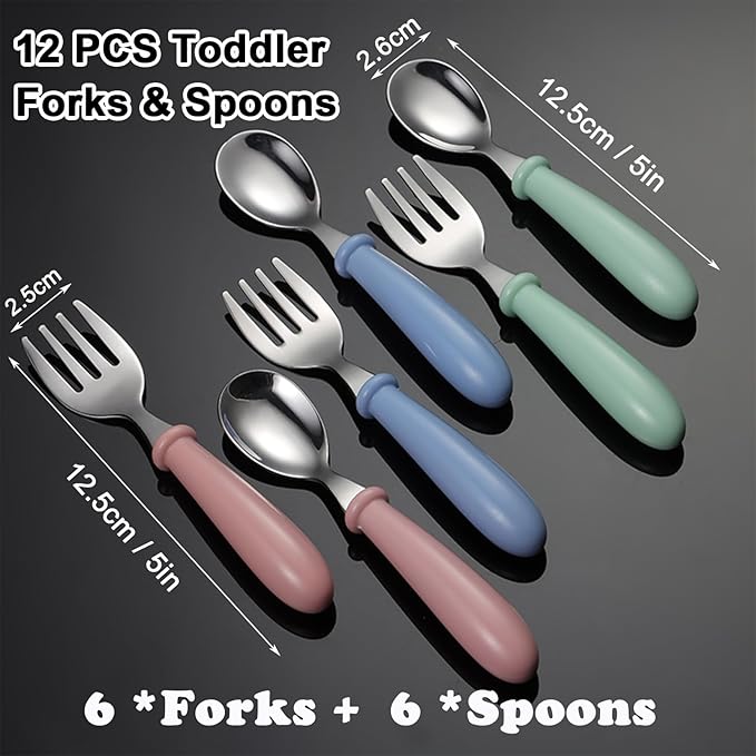 12 Pieces Toddler Utensils,Stainless Steel Baby Forks and Spoons Silverware Set,Kids Silverware Set Children's Cutlery Set with Round Handle,Toddler Flatware Fork Spoon Set,Dishwasher Safe