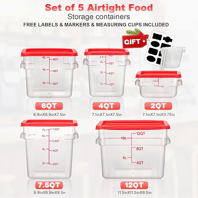 4QT NSF Food Storage Containers with Lids: 4 PCS [Total Food Grade][Hot&Cold Resistant] Commercial Clear Food Storage Containers for Restaurant Kitchen Proof Dough, Measuring Spoons Included(Red)