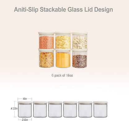 Urban Green Glass Food Storage Jar with Glass Lid, Food Canister Set with Airtight Lids, Pantry Storage Jar for Kitchen Organization. Food Storage Containers in Pack of 6, 16oz.