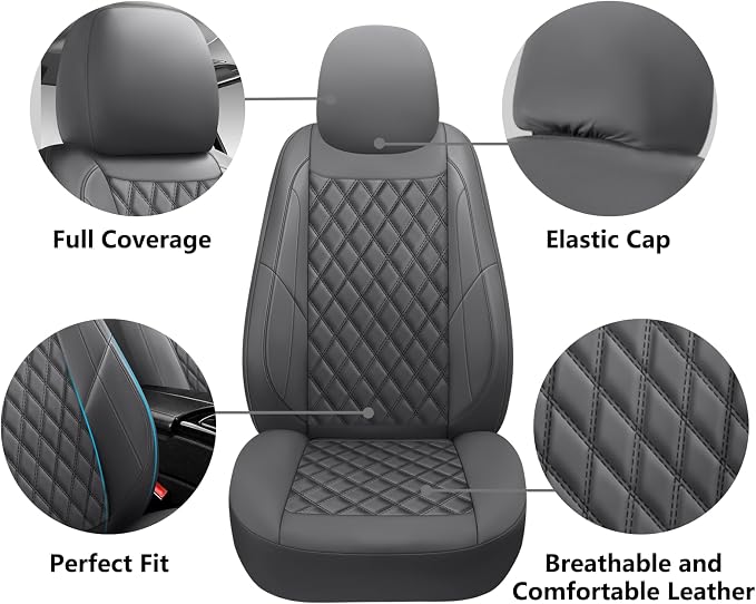 Premium Leather Car Seat Covers Front Pair,Universal Fit for Cars,Trucks&SUVs,Waterproof Car Seat Cushion,Full Coverage Car Seat Protector with 2 Seats,Grey